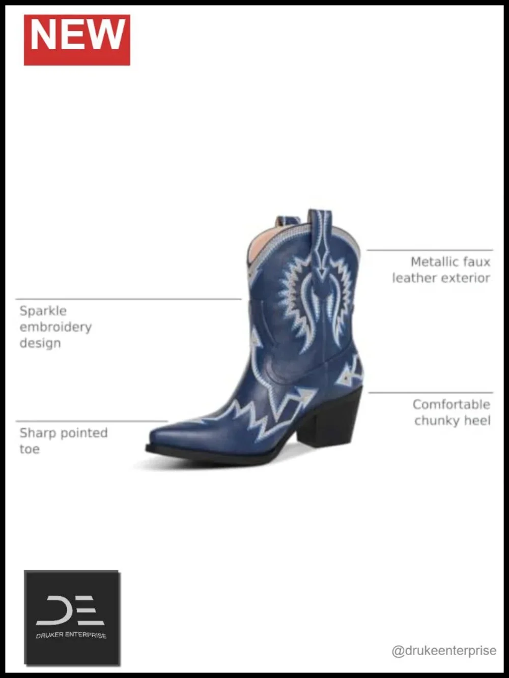 Embroidered Western Ankle Cowboy Boots Chunky Heel PU Leather